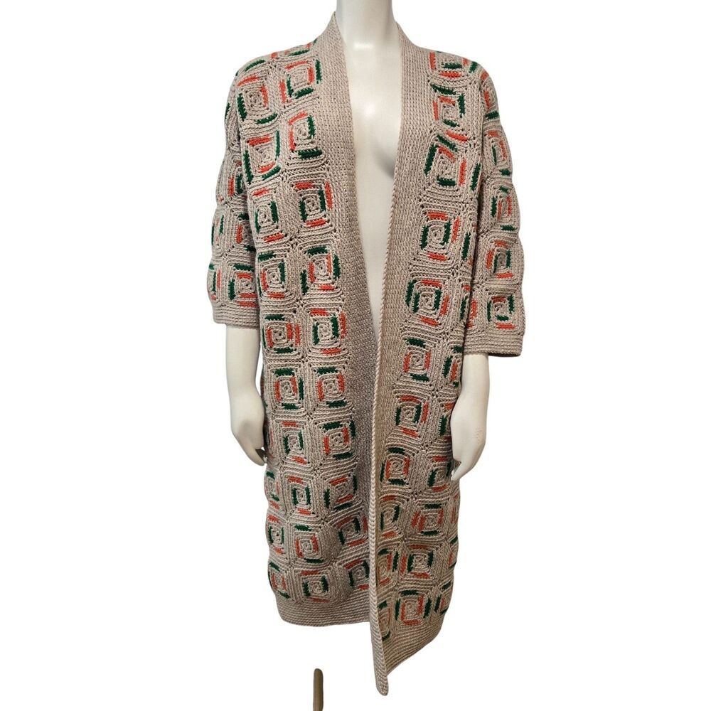 Vtg Handmade S/M‎ Granny Square Crochet Knit Open Long Cardigan Sweater Duster